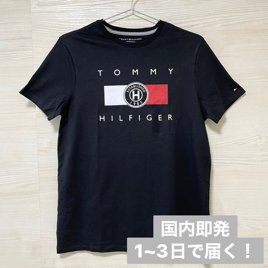 TOMMY HILFIGER トミーヒルフィガー Tシャツ S/L カットソー 半袖 プリント ロゴ シンプル メンズ 綿 ブラック
