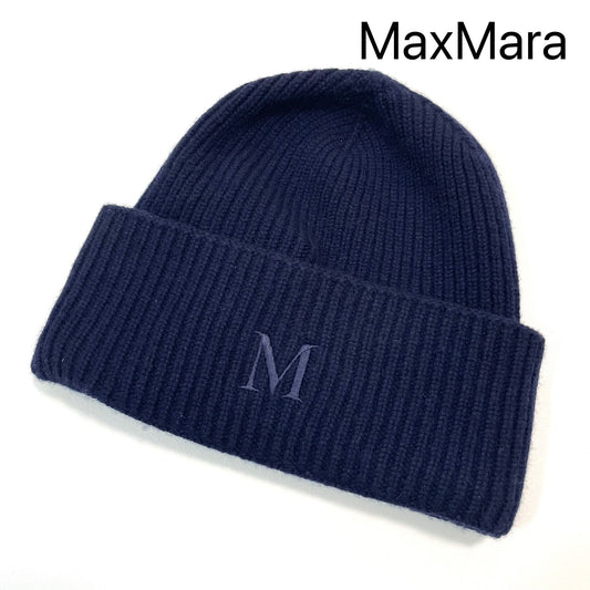 Max Mara マックスマーラ ニット帽 57cm 帽子 ロゴ 刺繡 カシミヤ メンズ レディース 紺 ネイビー 新品未使用
