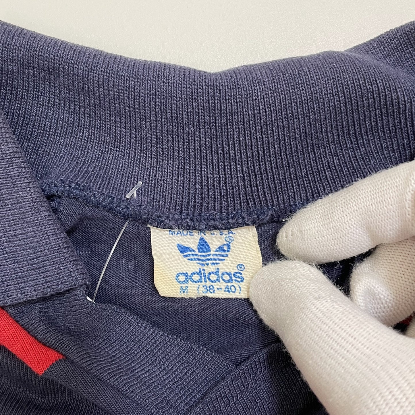 adidas ラガーシャツ M 古着 半袖 80s ヴィンテージ USA 紺 赤