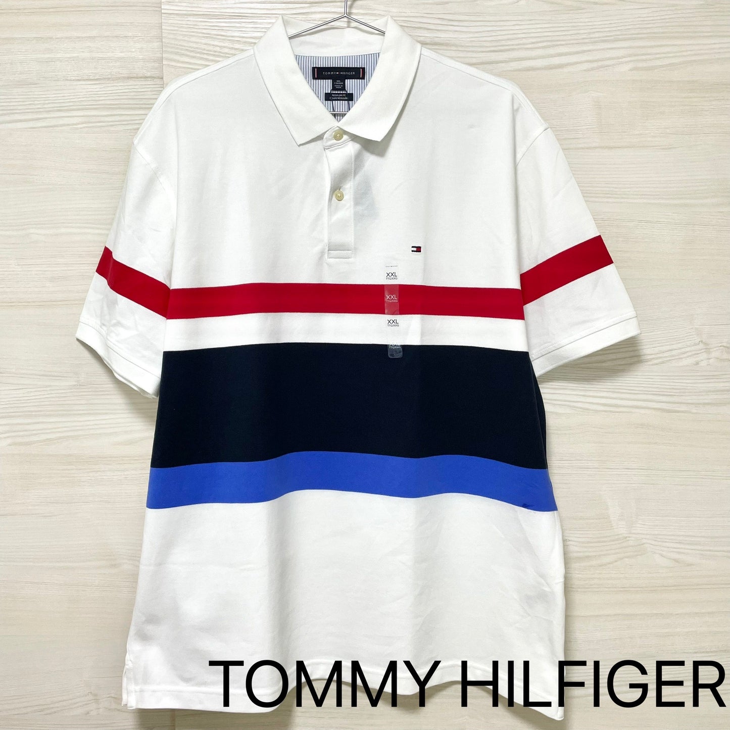 TOMMY HILFIGER トミーヒルフィガー ポロシャツ XXL 半袖 マルチボーダー メンズ ロゴ 綿 コットン ホワイト