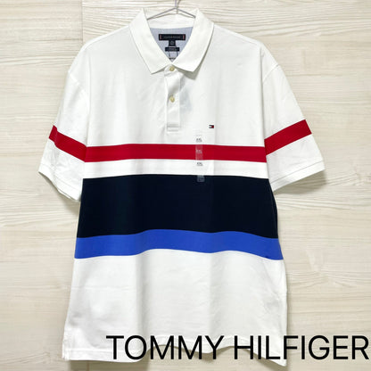 TOMMY HILFIGER トミーヒルフィガー ポロシャツ XXL 半袖 マルチボーダー メンズ ロゴ 綿 コットン ホワイト