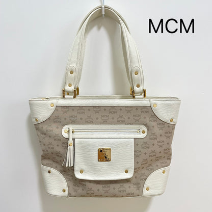 MCM エムシーエム ハンドバッグ 総柄 レディース ロゴ 白 ホワイト ベージュ 美品 中古