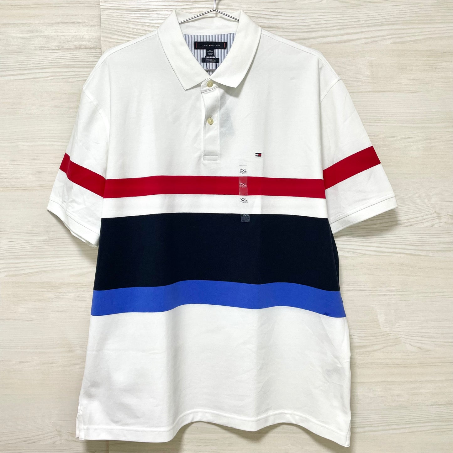TOMMY HILFIGER トミーヒルフィガー ポロシャツ XXL 半袖 マルチボーダー メンズ ロゴ 綿 コットン ホワイト