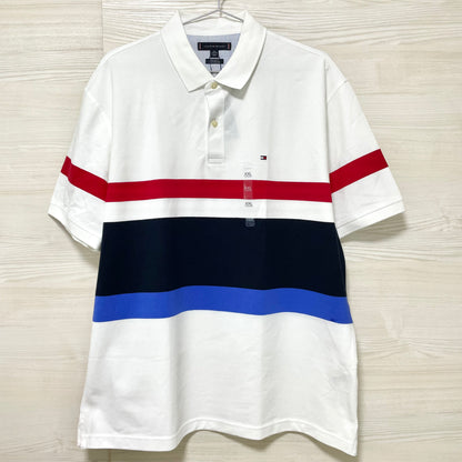 TOMMY HILFIGER トミーヒルフィガー ポロシャツ XXL 半袖 マルチボーダー メンズ ロゴ 綿 コットン ホワイト