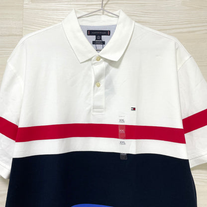 TOMMY HILFIGER トミーヒルフィガー ポロシャツ XXL 半袖 マルチボーダー メンズ ロゴ 綿 コットン ホワイト