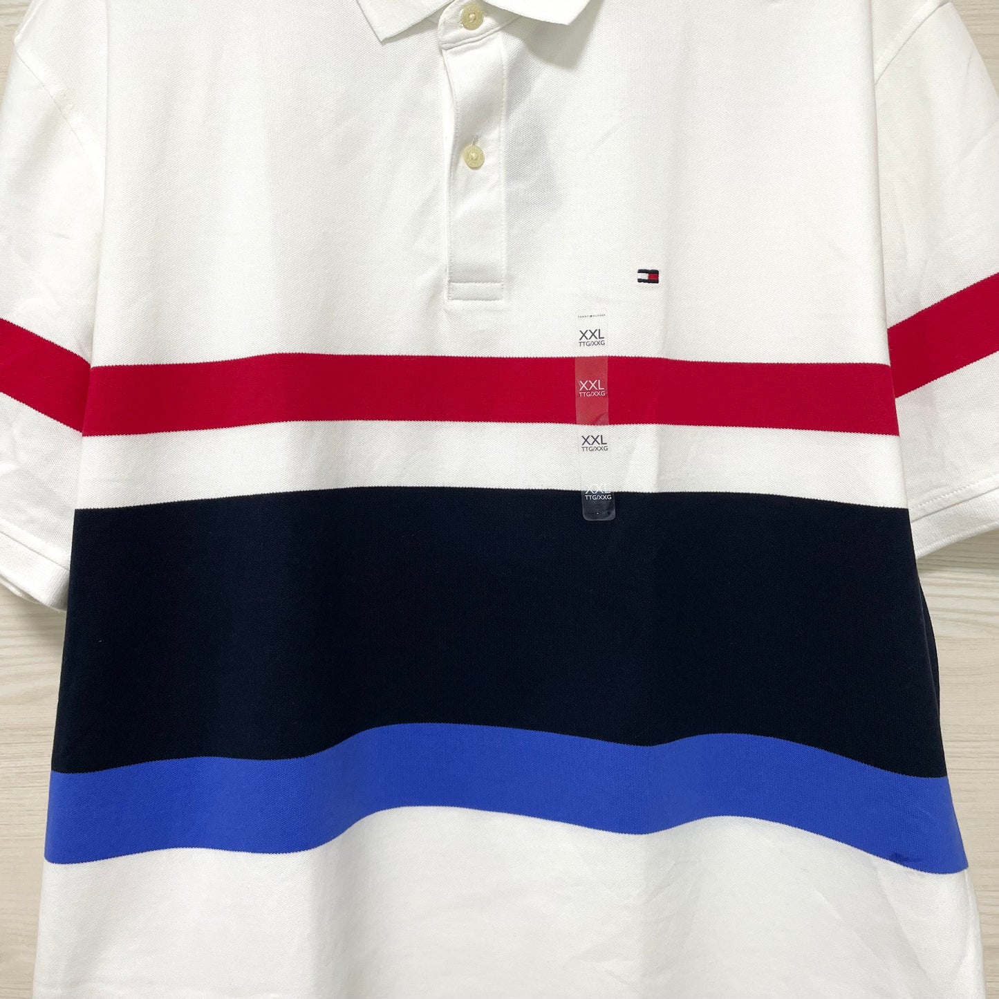 TOMMY HILFIGER トミーヒルフィガー ポロシャツ XXL 半袖 マルチボーダー メンズ ロゴ 綿 コットン ホワイト