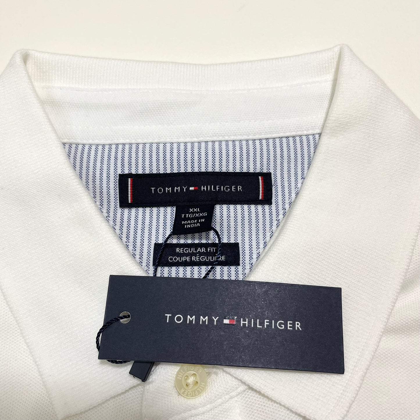 TOMMY HILFIGER トミーヒルフィガー ポロシャツ XXL 半袖 マルチボーダー メンズ ロゴ 綿 コットン ホワイト