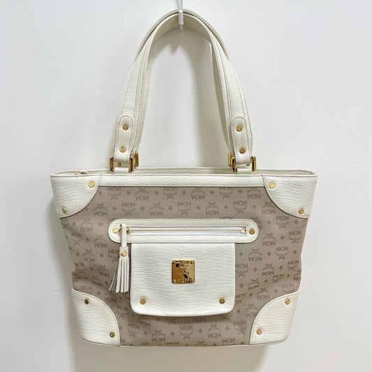 MCM エムシーエム ハンドバッグ 総柄 レディース ロゴ 白 ホワイト ベージュ 美品 中古