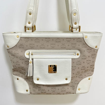 MCM エムシーエム ハンドバッグ 総柄 レディース ロゴ 白 ホワイト ベージュ 美品 中古