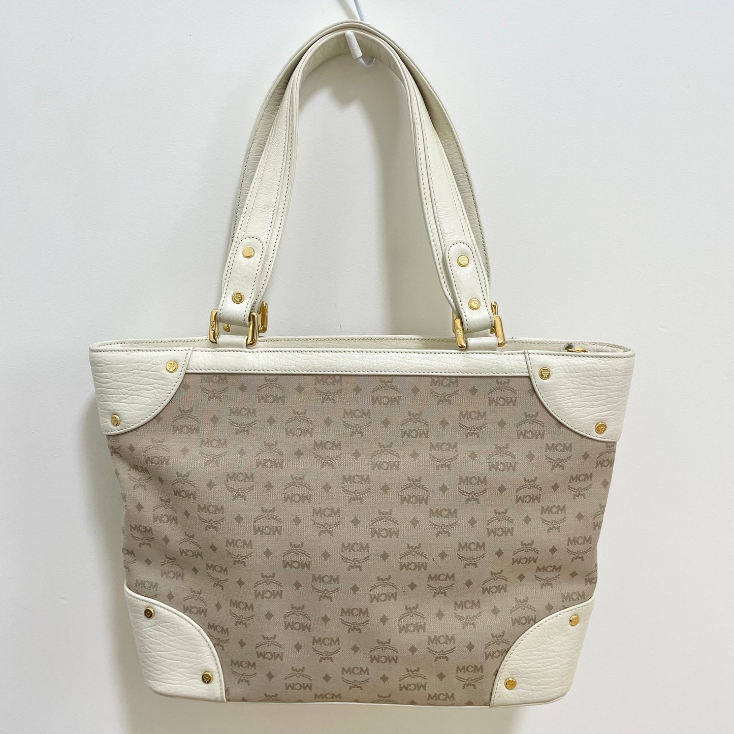 MCM エムシーエム ハンドバッグ 総柄 レディース ロゴ 白 ホワイト ベージュ 美品 中古