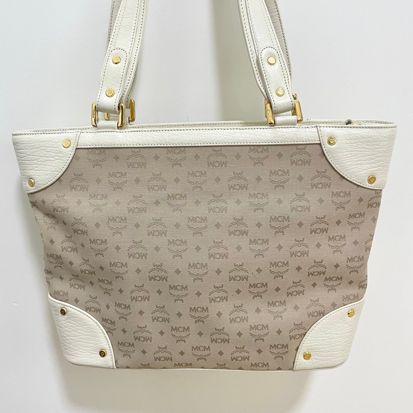 MCM エムシーエム ハンドバッグ 総柄 レディース ロゴ 白 ホワイト ベージュ 美品 中古