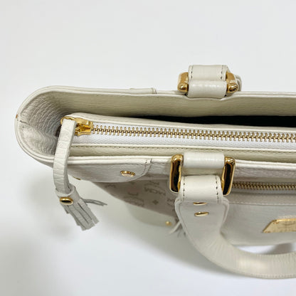 MCM エムシーエム ハンドバッグ 総柄 レディース ロゴ 白 ホワイト ベージュ 美品 中古