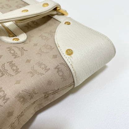 MCM エムシーエム ハンドバッグ 総柄 レディース ロゴ 白 ホワイト ベージュ 美品 中古