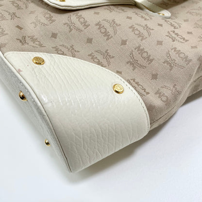 MCM エムシーエム ハンドバッグ 総柄 レディース ロゴ 白 ホワイト ベージュ 美品 中古